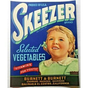Vintage Skeezer Original 1940s El Centro CA Vegetables Crate Label (B-2)